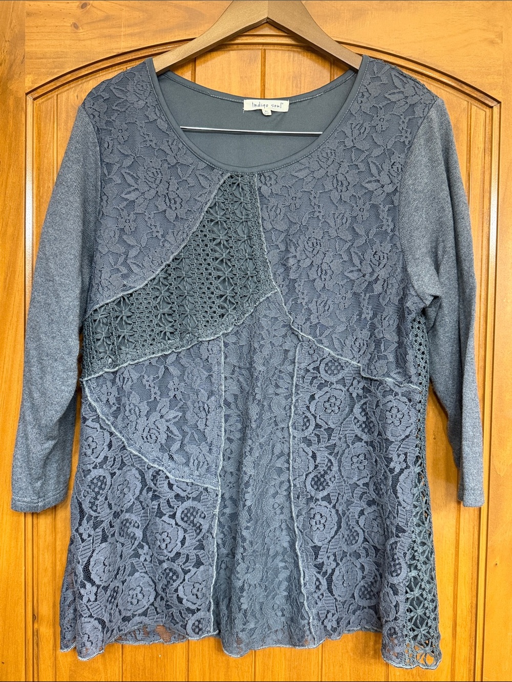 Indigo Soul Charcoal Gray Mixed Media Lace Patchwork Tunic Top Blouse XL